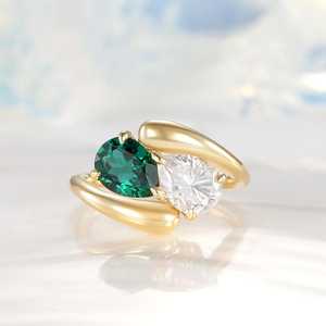 925 Sterling <b>Silver</b> 22K Gold Plated Handmade Minimalist Pear/Round Cut Gemstone <b>Ring</b> Toi Et Moi <b>Adjustable</b> Bypass <b>Ring</b> Fine - Product Image 3