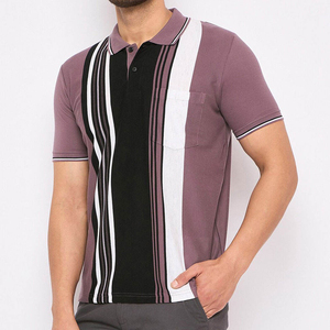 Polo en tricot à manches courtes pour homme, à blocs de couleur et rayures, avec poche, coupe décontractée, pantalon gris - Product Image 1