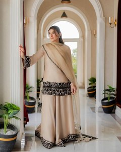 Ivory White Salwar Kameez Suit Set Natural Crape Thread Embroidery Work <b>Top</b> and Pant With Organza Silk Thread With Lace Dupatta - Product Image 1