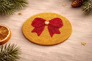 Handmade Beaded Coaster | Red Bow Gold Christmas Decor - Product Image 3