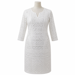 Women White Rhinestone Midi Dress Three Quarter Sleeve Notch Neck Bodycon Embellished Cocktail Party Evening Formal Occasion - Product Image 1