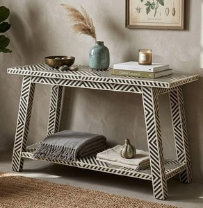 Artisan Resin Bone Inlay Console <b>Table</b> Geometric Luxury Foyer Decor Modern <b>Hallway</b> Custom Design Handcrafted Accent Furniture - Product Image 3