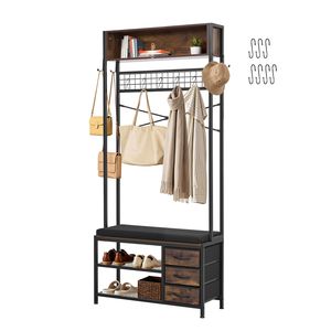 Appendiabiti autoportante da 70,9 pollici con 3 cassetti e panca portascarpe, organizer 3 in 1 con libreria - Product Image 1