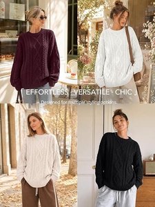 Pull en tricot torsadé pour femme, couleur beige unie, col rond, manches longues, coupe ample, pull chaud en tricot pour l'hiver - Product Image 4
