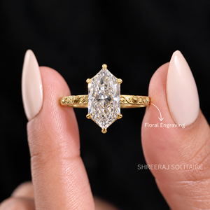 Bague de fiançailles en or 14K/18K avec diamant de laboratoire taille marquise néerlandaise personnalisée, gravure florale vintage, certifiée IGI - Product Image 1