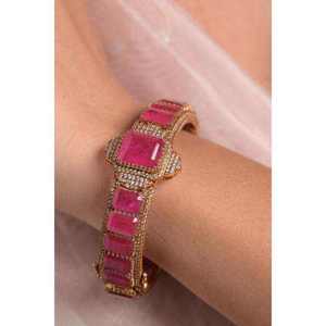 Gajaah Bracelet manchette en argent sterling 925, style traditionnel à ligne unique, avec pierre précieuse rose, pour femme, pierre de naissance, cadeau spécial - Product Image 2