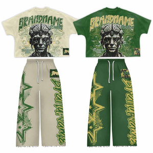 เสื้อยืดโอเวอร์ไซส์ลายกราฟิกสำหรับผู้ชาย ชุดเซ็ตเข้ากันกับกางเกงวอร์มขาบาน สไตล์วินเทจ Y2K สตรีทแวร์ ขอบดิบ ชุดลำลองสองชิ้น - Product Image 1