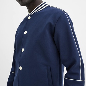 Men's Navy Blue Varsity Jacket With White Trim And <b>Button</b> Closure Preppy Style Regular Fit Autumn Wear - Product Image 5