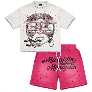 Shorts Crop Top Tshirt & Shorts Set DTG Print Logo Custom Streetwear Hip Hop Cotton Wholesale Tshirt Sets for <b>Men</b> - Product Image 2