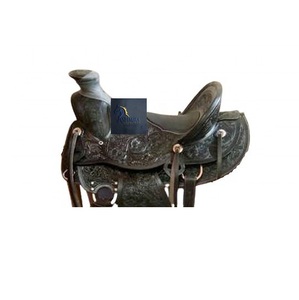Black Leather Western Big Horn Horse Saddle Floral Hand Carved Padded Seat Latigo Straps 10"-18" Plastic Stainless Steel - Product Image 2