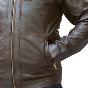 Chaqueta de Cuero Genuino para Hombre, Diseño Nuevo, Cuello Alto, Mangas Largas, Estilo Vintage, con Capucha y Logotipo Frontal, Ropa Urbana de Otoño - Product Image 6