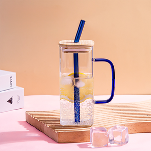 Bán buôn 400ml 13.53oz vuông cao Borosilicate Glass cup uống Glass cup với nắp Tre và màu xử lý rơm cốc thủy tinh - Product Image 2