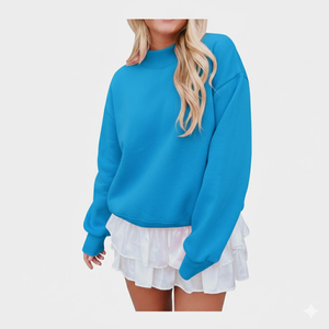 Sudadera Oversize de Cuello Redondo para Mujer, Bordada, Azul Sólido, Tejida, Manga Larga, Transpirable, para Otoño e Invierno - Product Image 1