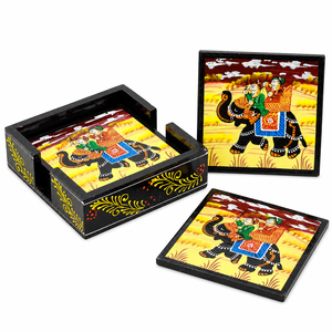 Juego de Posavasos Cuadrados de Madera Pintados a Mano con Soporte |   Diseño clásico de elefante, antideslizante y ligero - Product Image 1