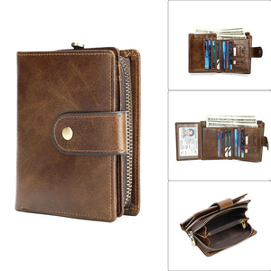<b>Brown</b> Genuine Leather Trifold <b>Wallet</b> RFID Blocking Card Holder Coin Pocket Zipper Closure Vintage Short Purse - Product Image 2