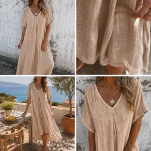 Vestido Maxi de Lino Liso Estilo Boho Chic, Cuello en V, Manga Corta, Corte Holgado, Vestido Casual de Verano, Color Sólido, Tejido Transpirable - Product Image 6