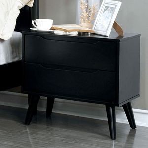 Comodino Moderno Stile Mid-Century in Legno Massello Nero con Gambe Affusolate e 2 Cassetti per Camera da Letto - Product Image 2