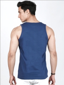 Men's Navy Blue Sleeveless Tank <b>Top</b> With Yellow <b>Skull</b> Logo Print O-Neck Casual Style 100% Cotton Breathable Knitted Fabric - Product Image 6