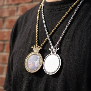 Lab Grown Diamond Crown Top Photo Pendant Custom <b>Picture</b> Medallion <b>Frame</b> <b>Gold</b> Plated Memory Charm Iced Crown Gift Party - Product Image 2