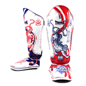 Espinilleras Personalizadas de Muay Thai Twins, Cuero Vacuno Blanco, Impresión Digital, Protección para Piernas y Pies para Kickboxing y MMA, Almohadillas de Entrenamiento - Product Image 1