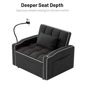 Poltrona letto estraibile in velluto a coste con cuscino, portabicchieri in acciaio inossidabile spazzolato, supporto per telefono e porta di ricarica USB - Product Image 4