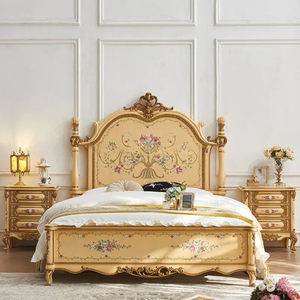 Ensemble de chambre à coucher de luxe en bois de mahogany massif, taille king, design royal doré européen, meubles de chambre à coucher pour hôtel, fabriqué en Indonésie, livraison gratuite - Product Image 1