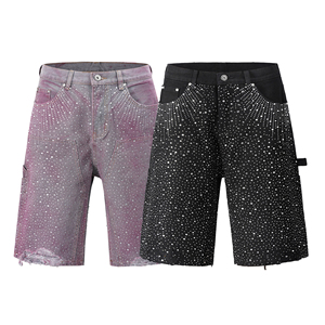 Shorts en jean baggy pour hommes OEM 2026 personnalisés 16 OZ en toile avec impression intégrale de strass et paillettes, effet vieilli, vente en gros - Product Image 6