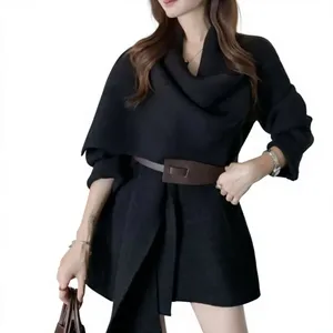 Suéter tipo cárdigan de punto con detalle de bufanda negra Totem Leem y suéter con bufanda asimétrica drapeada de moda coreana con hebilla - Product Image 6