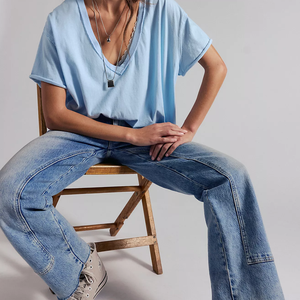 T-shirt décontracté pour femme, coupe ample, col en V, bleu clair, manches courtes, coton, effet vieilli, grande taille, haute qualité - Product Image 4