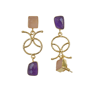 Boucles d'oreilles pendantes de créateur plaquées or, sculpturales géométriques, avec quartz rose semi-précieux et améthyste, bijoux de déclaration - Product Image 3