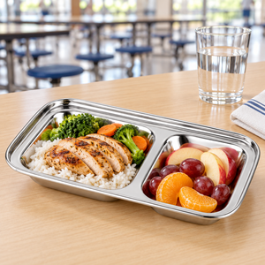 Plateau de service alimentaire en acier inoxydable à 2 compartiments, assiette rectangulaire pour cantine scolaire, dortoir, cantine - Product Image 4