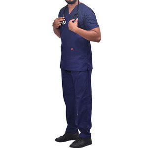 Ensemble de blouses médicales bleu marine pour hommes, manches courtes, col en V, uniforme médical en coton et polyester tissé, usage hospitalier - Product Image 1