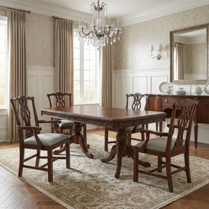 Fauteuil de salle à manger en bois antique au design contemporain, sculpté à la main, avec dossier ajouré et revêtement en lin, pour hôtel de luxe et villa - Product Image 2