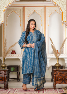ชุดอานาร์กาลี กุรตา กางเกง ผ้าคลุมไหล่ ผ้าเรยอน พิมพ์ลายดอกไม้ สีฟ้า คอจีน แขนบาน ไซส์ใหญ่ สำหรับผู้หญิง สไตล์ชาติพันธุ์ ขายส่ง - Product Image 2