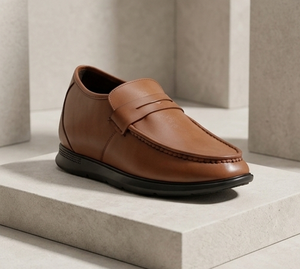 Mocassins pour hommes en cuir véritable marron, à talon compensé dissimulé, bout rond, à enfiler, avec semelle intermédiaire EVA amortie et semelle extérieure en caoutchouc, pour une confort toute la journée - Product Image 1