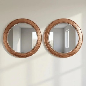REHMAN Handmade Contemporary Hammered Wood <b>Round</b> Wall <b>Mirror</b> with Crystal Glass - Product Image 6