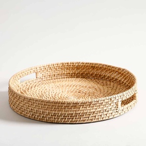 Natural wooden <b>trays</b> rattan <b>storage</b> <b>tray</b> with handles decorative organizers for home kitchen bedroom - Product Image 3