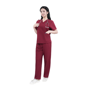 Women's Maroon <b>Scrub</b> Set V-Neck Short Sleeve Hospital Uniform Woven poly rayon Pants Included - Product Image 3