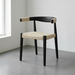 Modern Black Solid Wood <b>Dining</b> <b>Chair</b> Rounded Backrest Luxury Cafe Hotel Restaurant Armrest <b>Chair</b> with Hand Woven Rope Seat OEM - Product Image 3