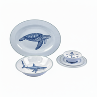 Service de table en mélamine A5 personnalisé de haute qualité, bleu coquillage, motif baleine, assiettes et bols ronds personnalisés, durable, de qualité alimentaire, sûr