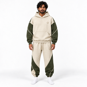 Custom Heavyweight French Terry Cotton Breathable Hoodie <b>Jogger</b> Set Men <b>Oversized</b> Sweatsuit Curved Piping Relaxed Streetwear Fit - Product Image 5