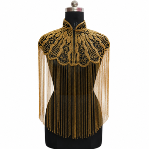 Cape d'épaule brodée à franges métalliques pour femme, châle décoratif tendance avec pompons et motifs ornés - Product Image 2