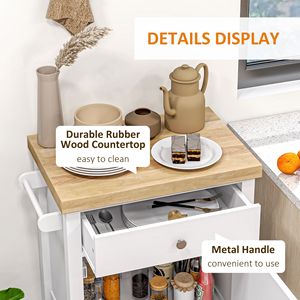 Carrello da Cucina Moderno Bianco con Isola Girevole, Piano Regolabile in Legno di Gomma, Cassetto, Portabottiglie, Mobile in Metallo e Legno con Ruote, Materiale MDF - Product Image 6