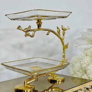 Support à desserts de style cage à oiseaux en or avec motifs floraux et assiettes en céramique. Disponible à prix de gros. - Product Image 2