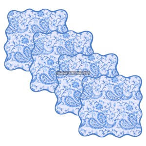 4 Pcs Square Scallop Napkins Set Cotton <b>Block</b> Print Fabric Washable - Product Image 1