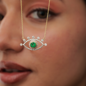 Unique Latest Design Round Cut <b>Emerald</b> & Diamond Evil Eye <b>Pendant</b> Necklace Pure 14K Yellow Gold Customized Gemstone Jewelry - Product Image 2