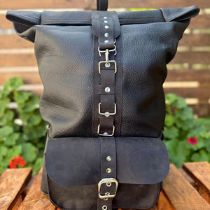 Genuine Leather Roll Top <b>Backpack</b> Mens Vintage Travel Daypack Cowhide Laptop Rucksack with Heavy Hardware LTBP-0092 - Product Image 1