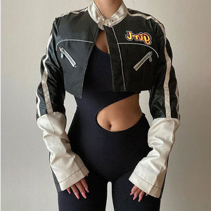 Chaqueta Bomber Negra de PU con Patrón de Cocodrilo en Relieve, Manga Farol, Cuello Alto, Cierre de Cremallera, Corta, Estilo Moto Unisex - Product Image 6