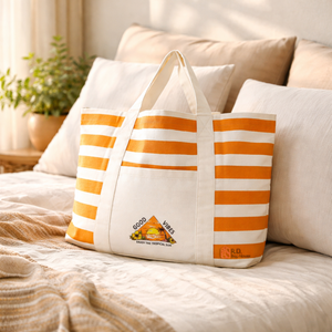 Striped Jute <b>Beach</b> Tote <b>Bag</b> Orange White | Eco Friendly Reusable Shoulder <b>Bag</b> Long Handle Front Pocket Travel Grocery Tote <b>Bag</b> - Product Image 1