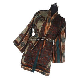 KS010 2026 Vintage Silk Sari Floral Print Short Vintage Sari Kimono Long Beach Cover Up Dress Ethnic Indian Maxi Bathrobe Dress - Product Image 3